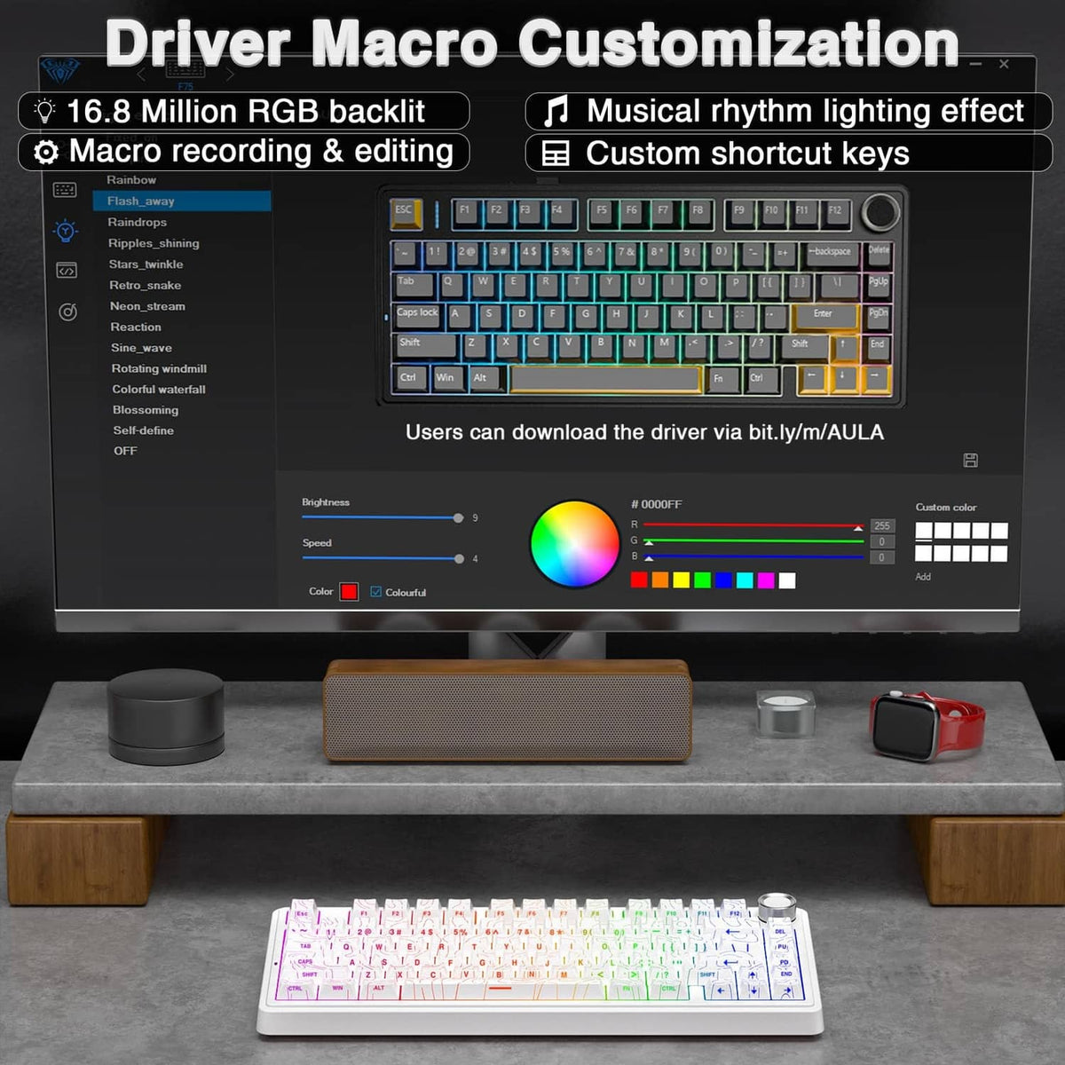 White 75% mechanical keyboard with rotary knob and RGB backlight on desk