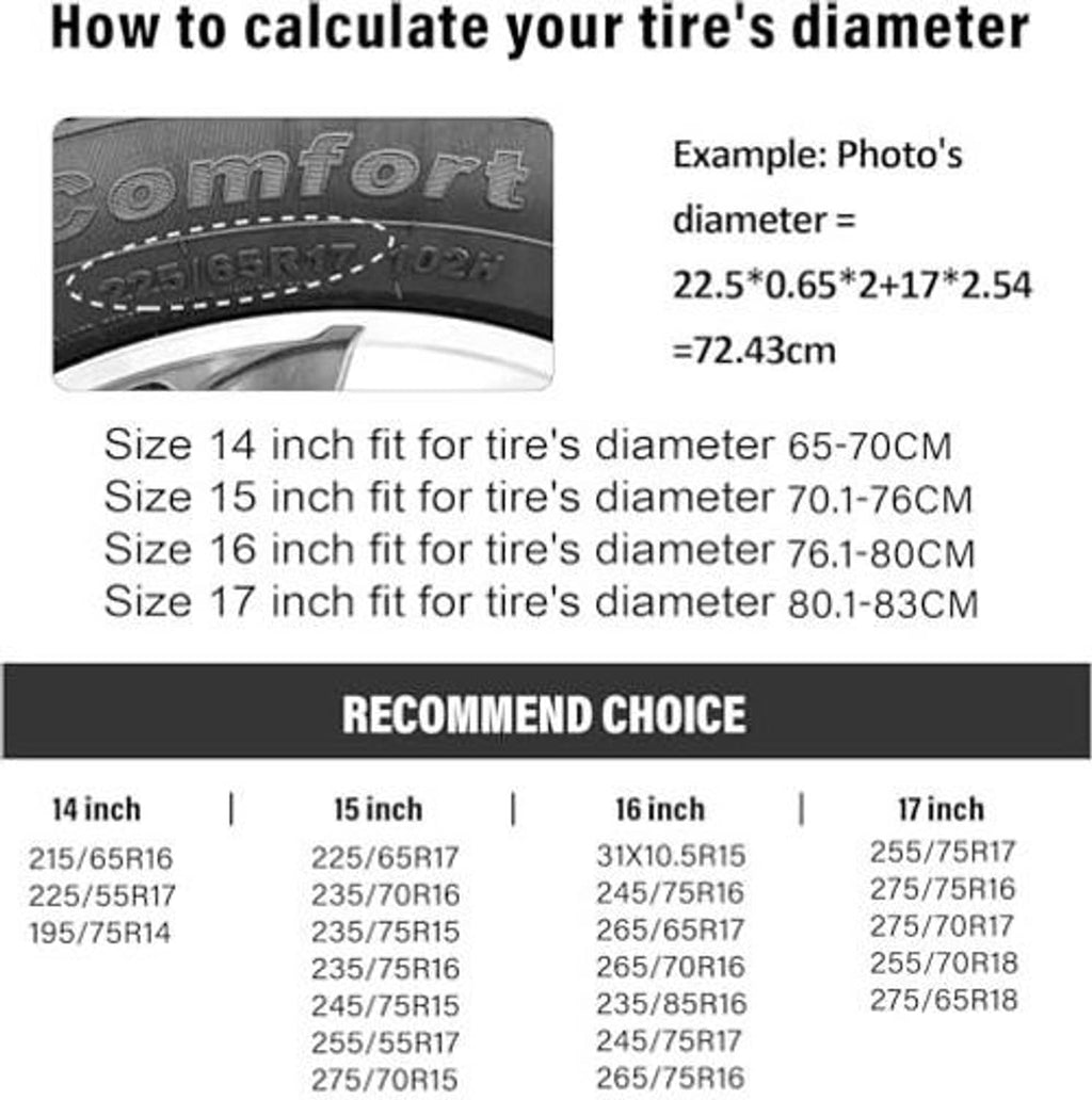 Spare tire cover edge with compass, mountains, and trees; sizing chart shown.