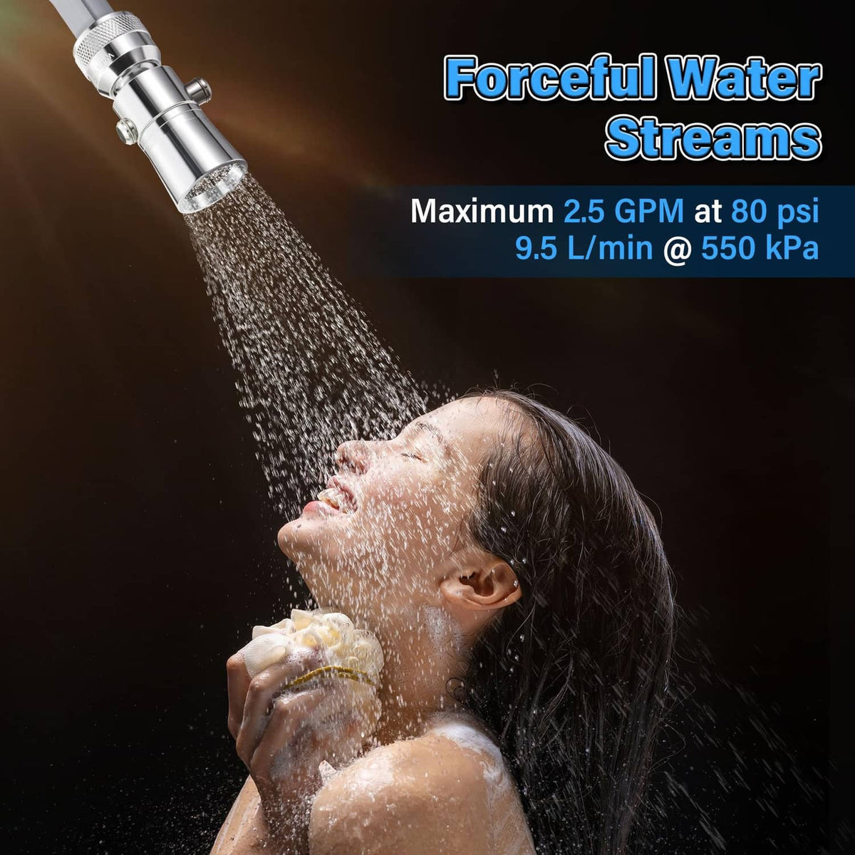 Chrome adjustable shower head delivering strong water streams for full-body rinse