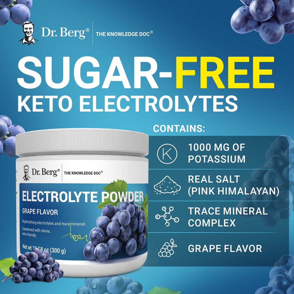 Dr. Berg electrolyte powder jar front with grape flavor and keto electrolytes graphics.