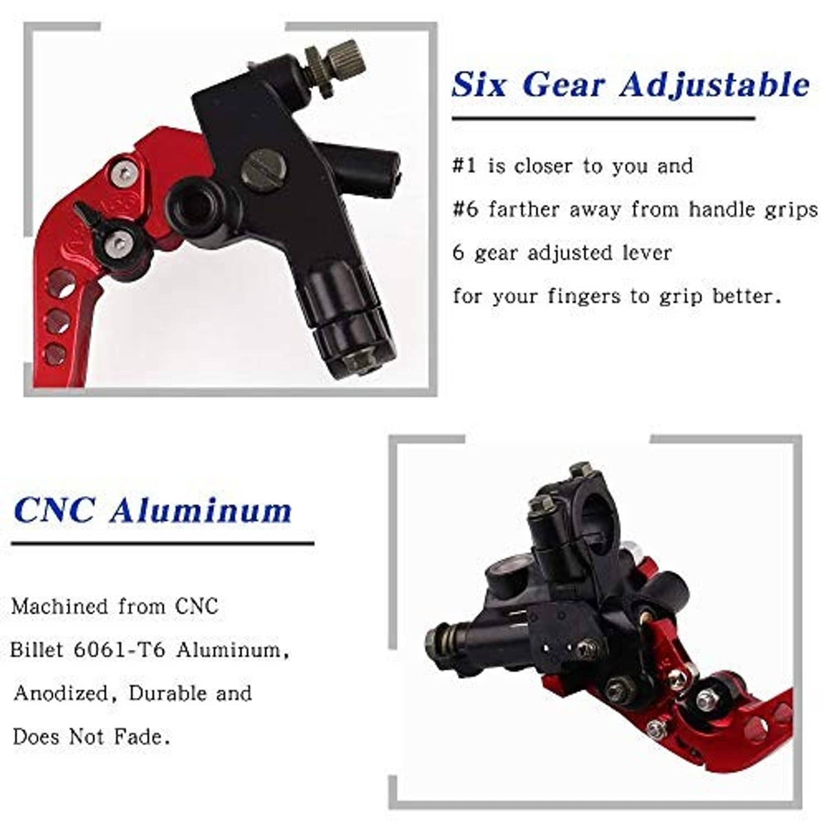 Red and black motorcycle brake clutch lever with multiple adjustable grip positions