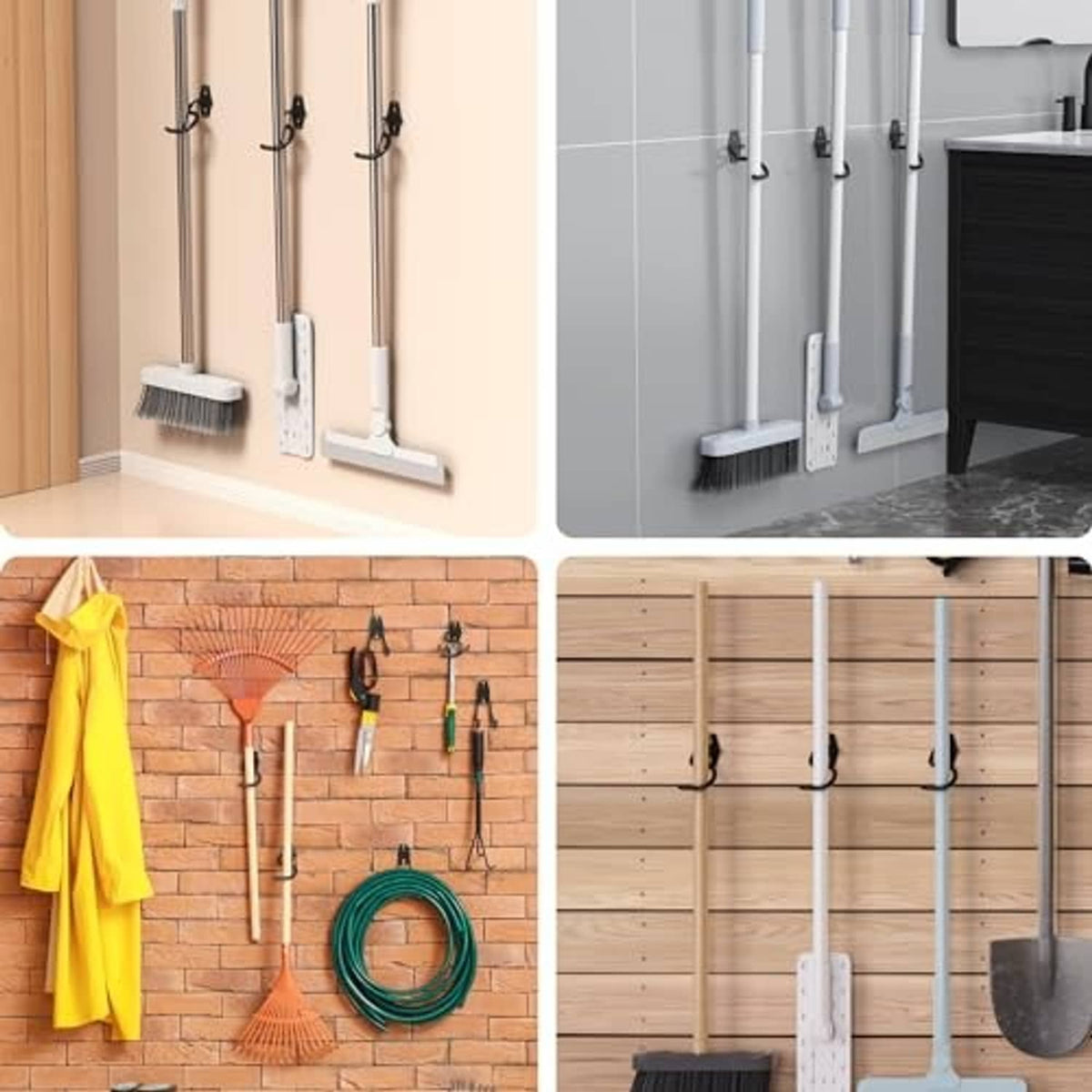 Garage S hook tool hangers in black and white, mounted on wall with plates