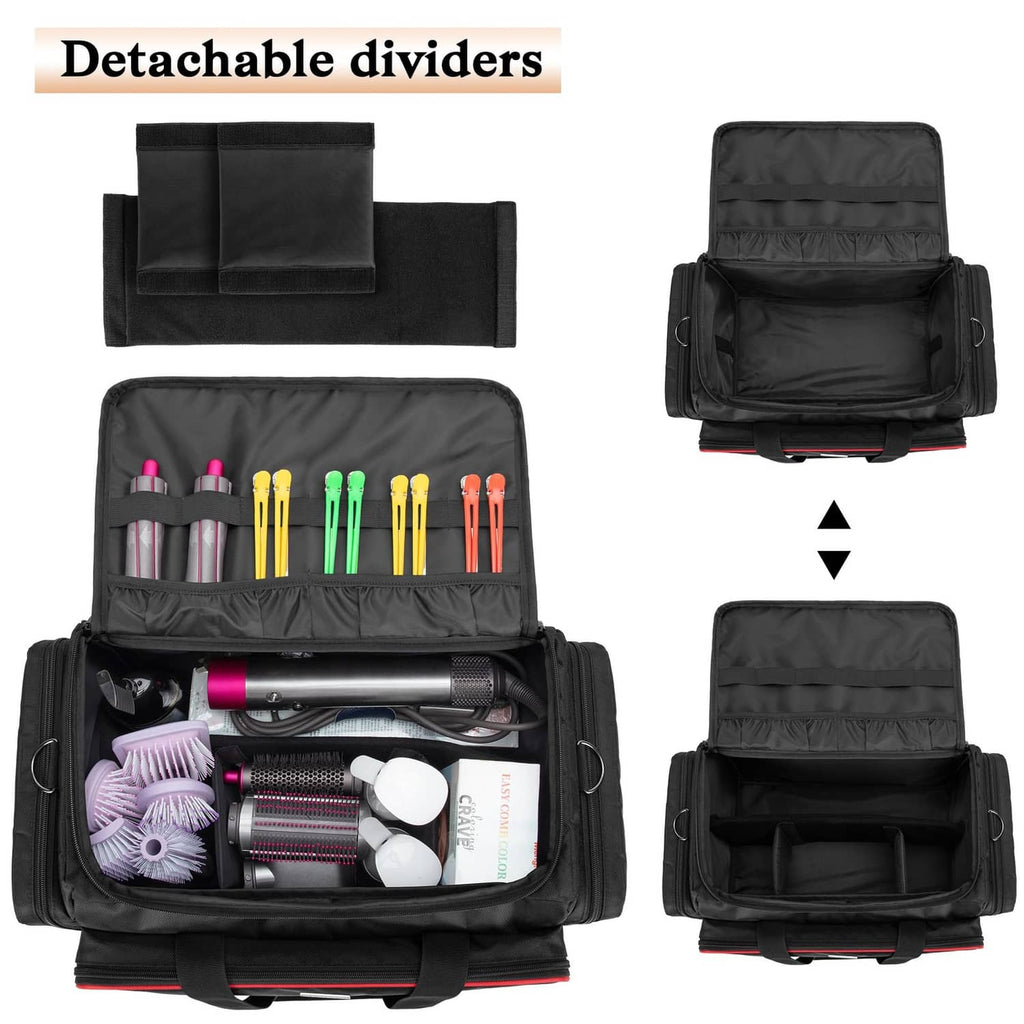 Black hairdresser tool bag interior with fold-out panels and detachable dividers