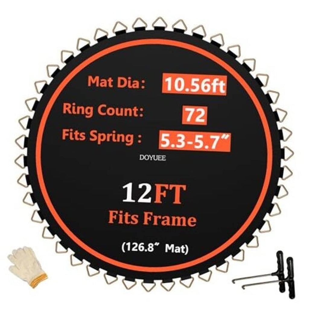 Black trampoline mat with orange edge; 72 rings, 10.56ft diameter, fits 12ft frame.