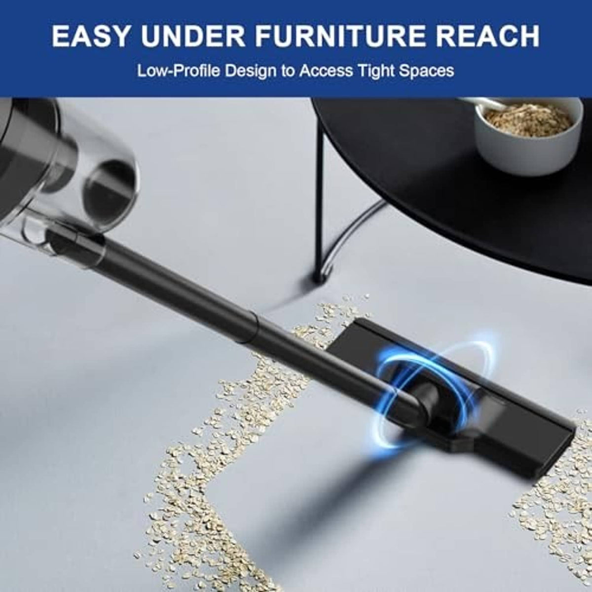 Corded stick vacuum floor nozzle with bright blue airflow showing suction path on floor.