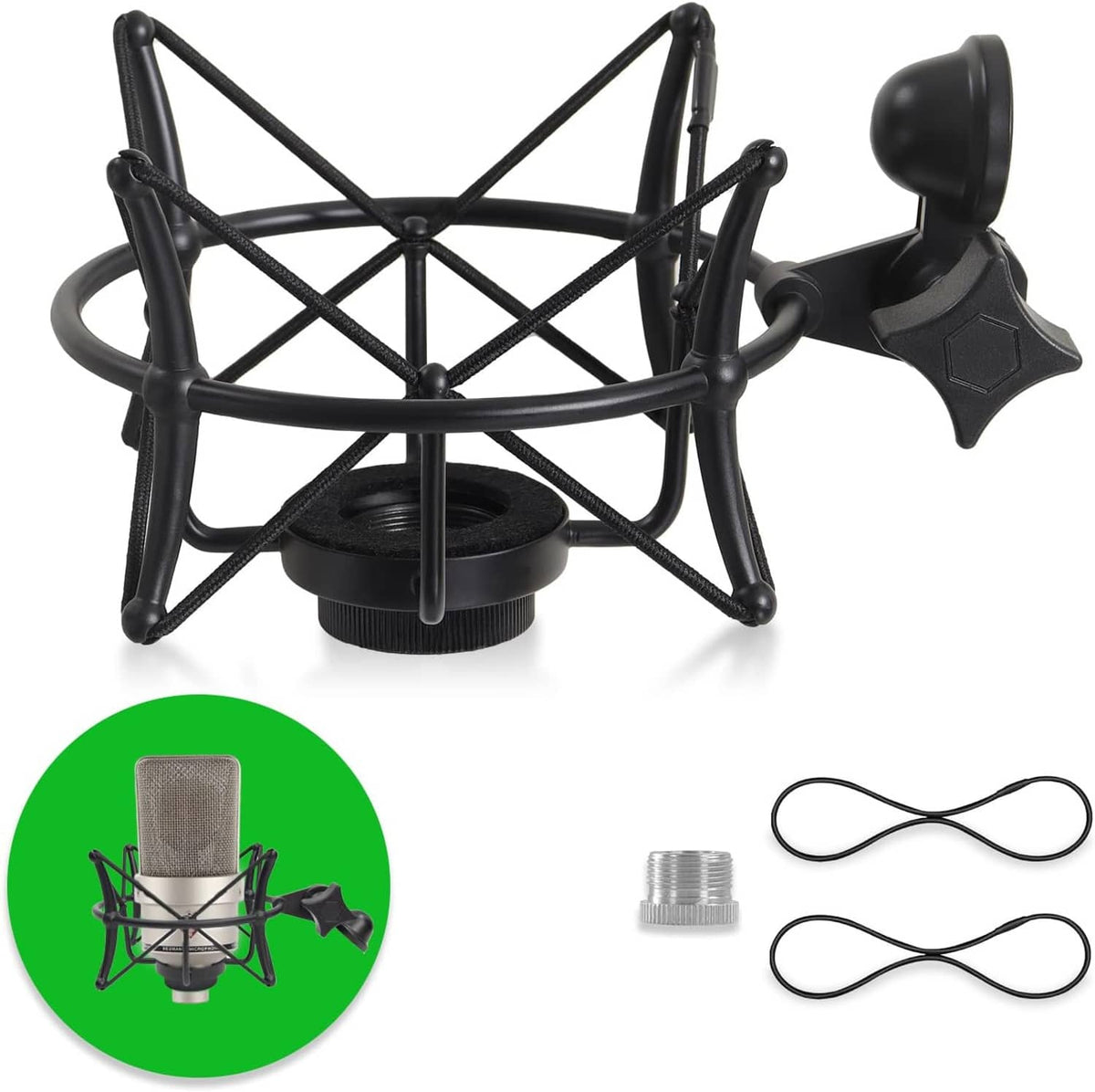 Black microphone shock mount with elastic suspension cradle and base adapter screw