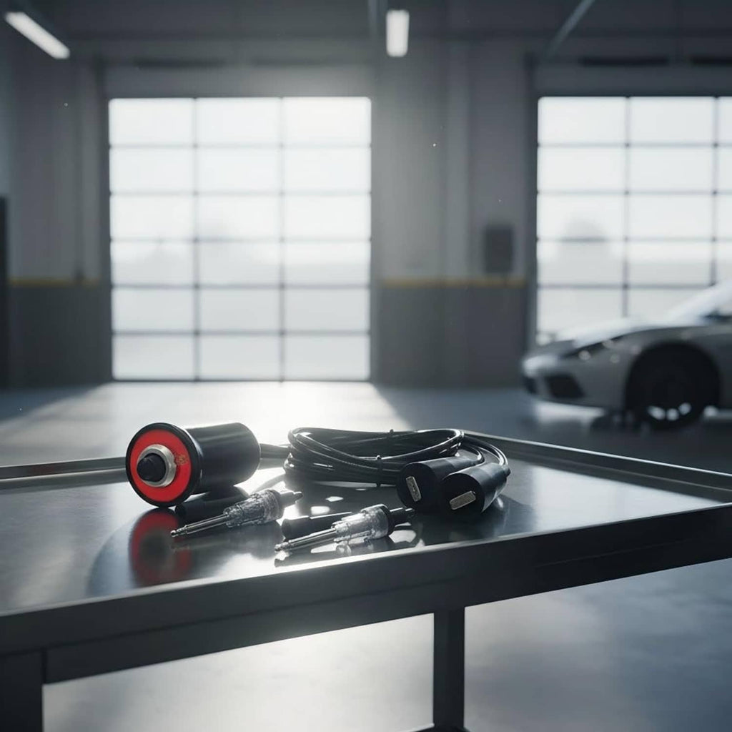 Ignition spark tester kit with black units, red-ring indicator, and coiled cables on bench