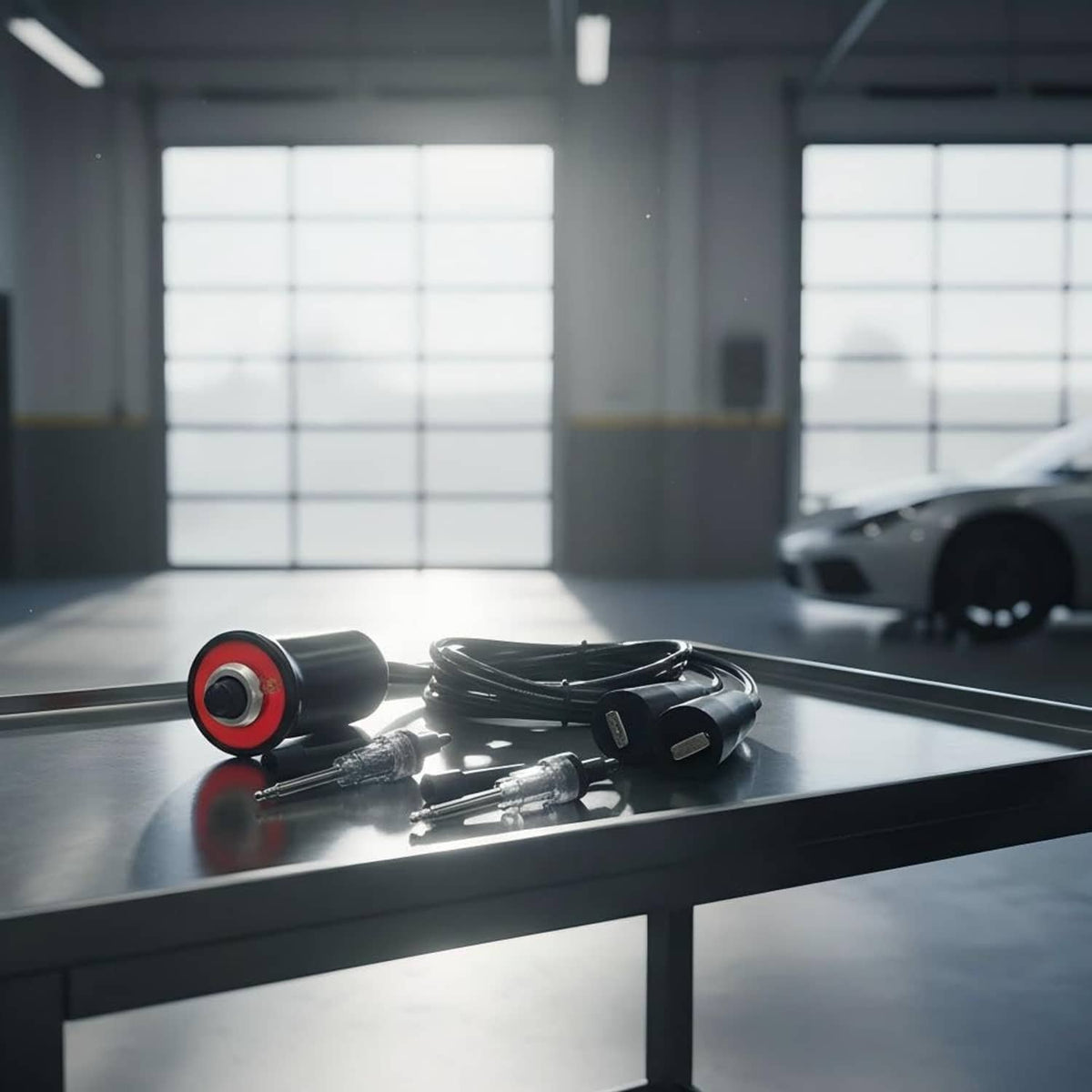Ignition spark tester kit with black units, red-ring indicator, and coiled cables on bench
