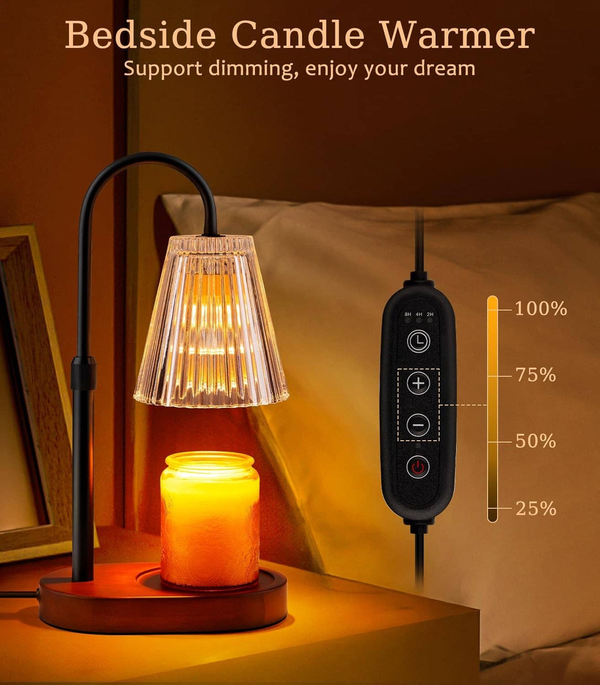 Bedside candle warmer lamp with clear glass shade and dimmer timer controller.