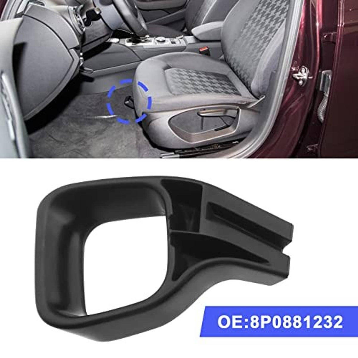 Seat adjustment handle lever, black plastic, wide oval grip and locating tab