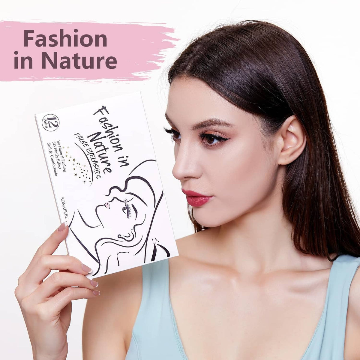 Woman close-up with natural wispy lash strip look and visible eye lashes