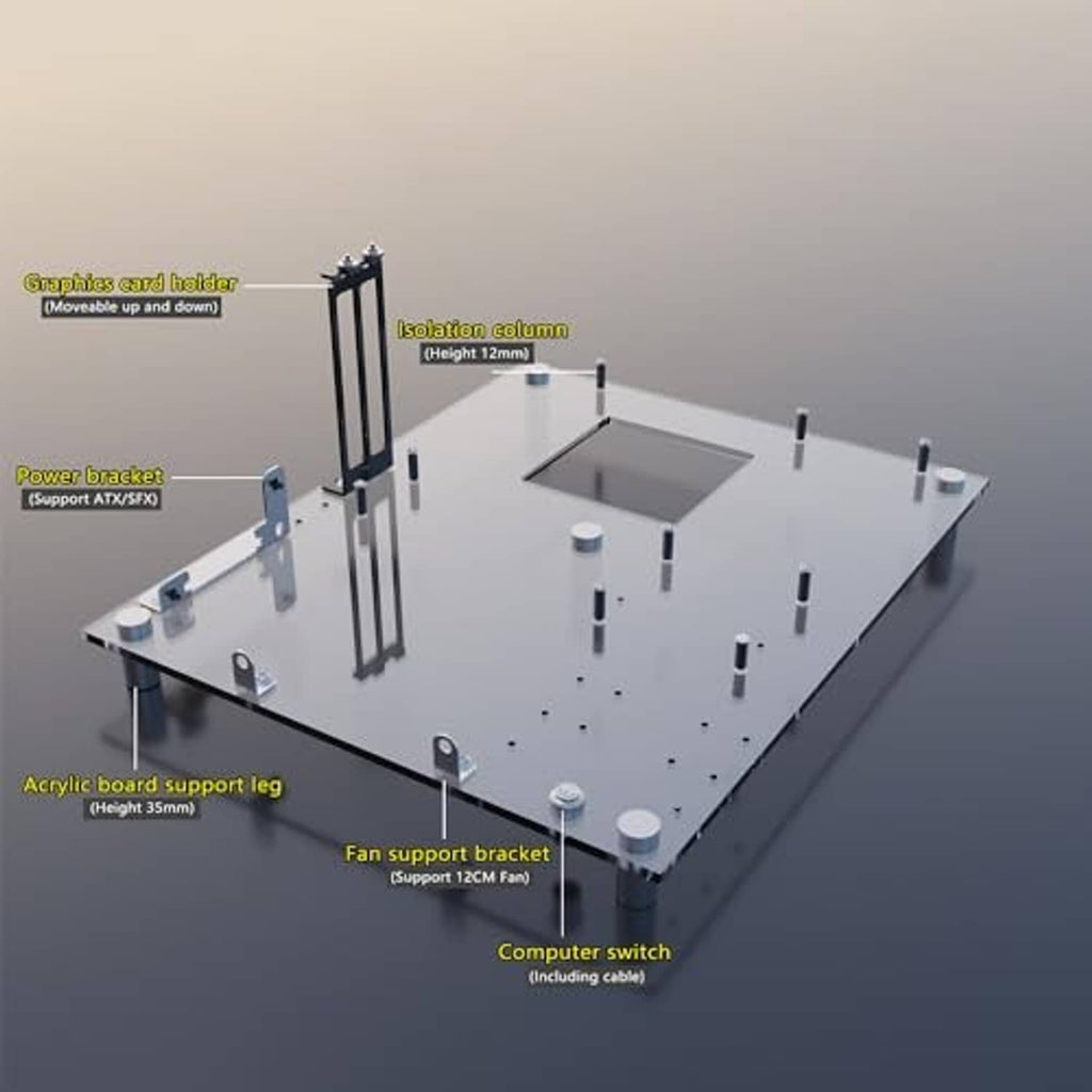 Open-frame PC case parts on acrylic platform: support legs, fan bracket, switch