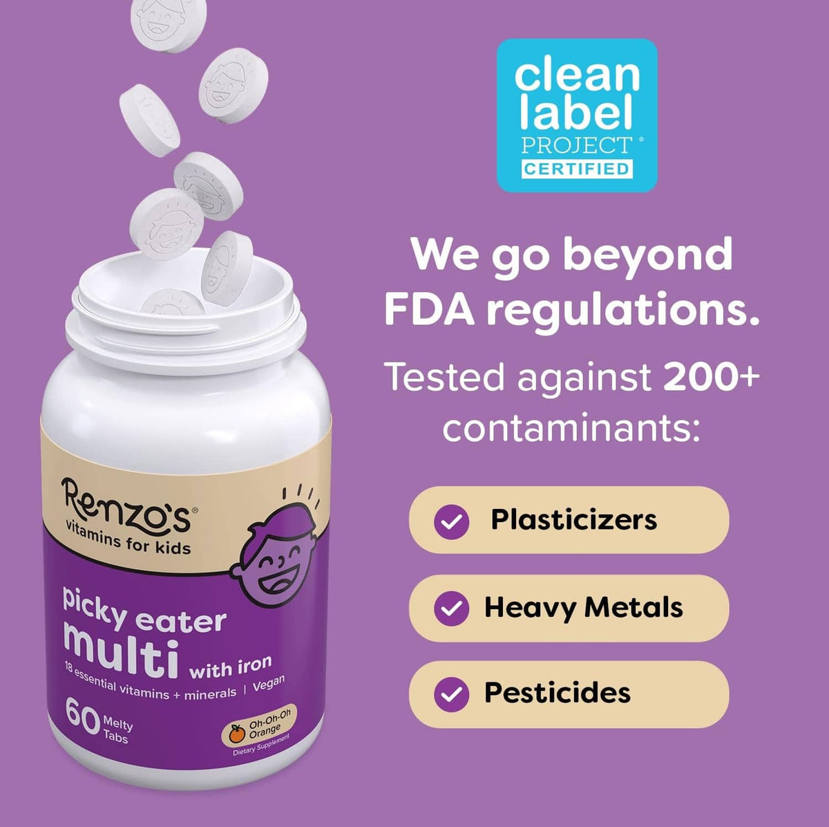 Renzo's kids multivitamin bottle with clean label project and contaminant testing icons