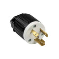 Locking twist-lock male plug with black housing, silver face, and brass power blades