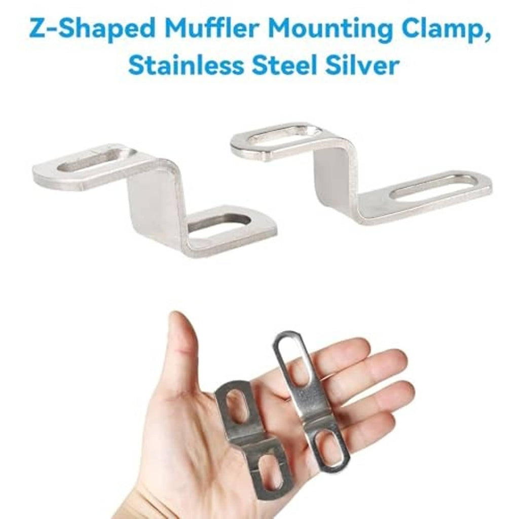 Two stainless steel Z-brackets for motorcycle exhaust mufflers, held in hand, silver