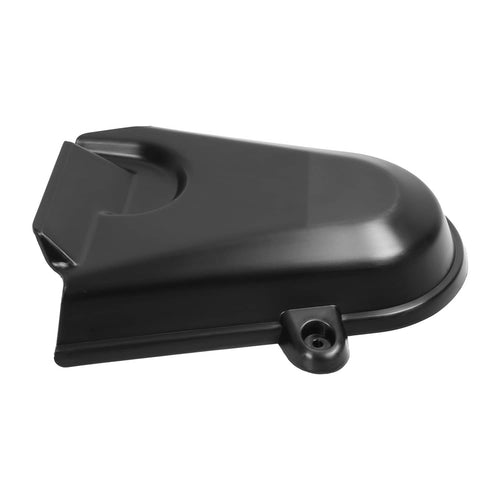 Left-side deck pulley cover, black molded plastic with circular mounting hole