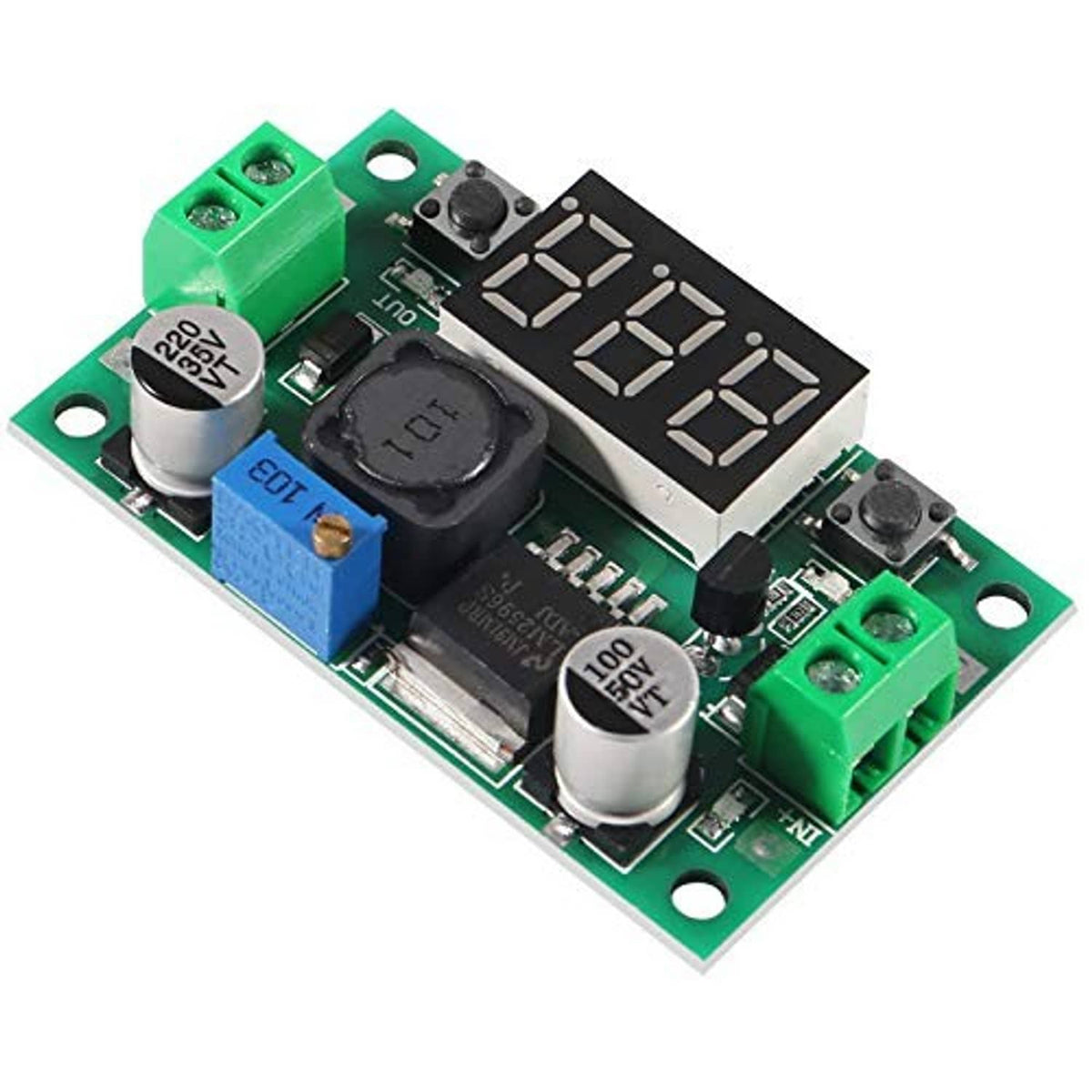 LM2596 step-down regulator PCB close-up with blue capacitor and LCD voltage display