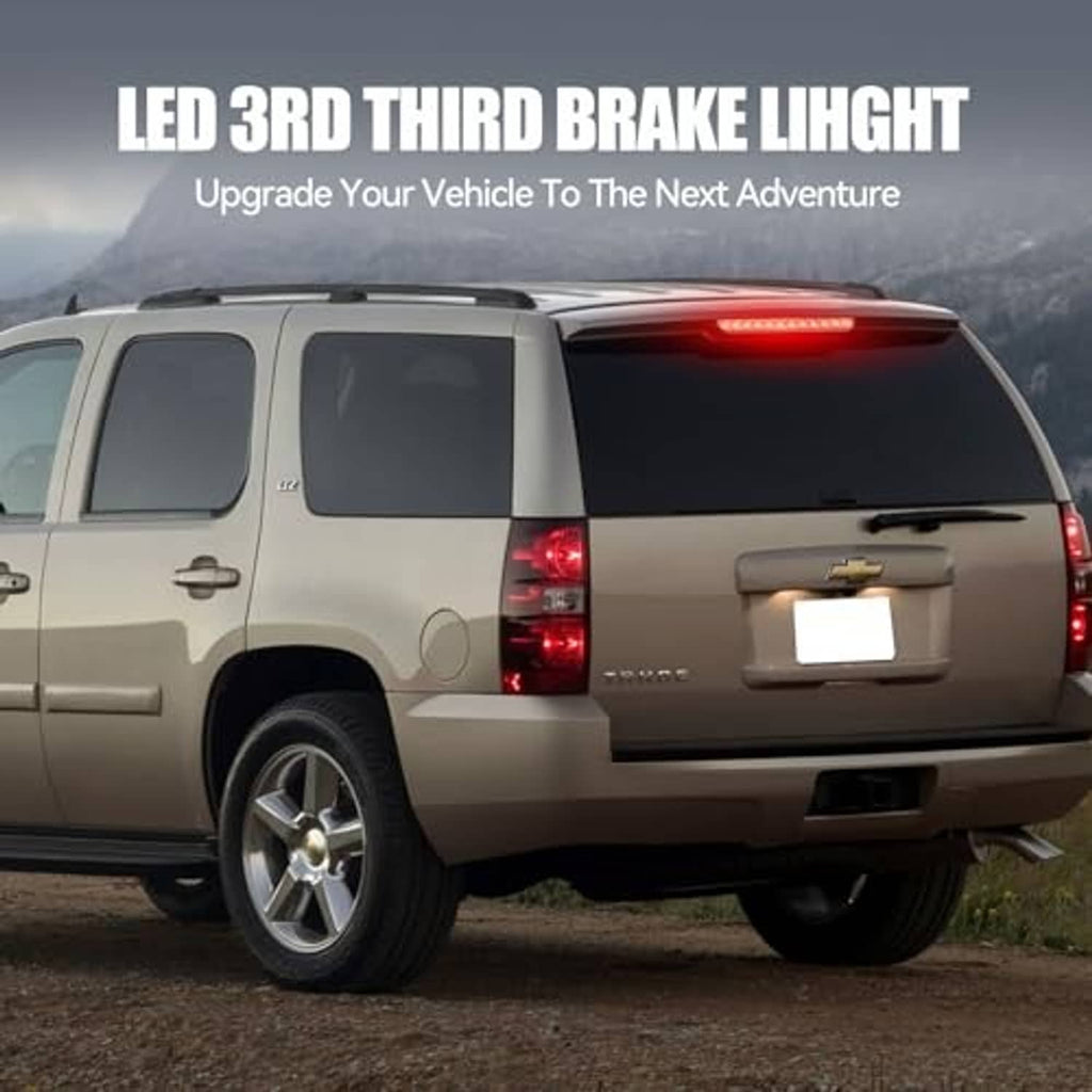 LED high-mount stop light installed on vehicle rear, red brake light illuminated