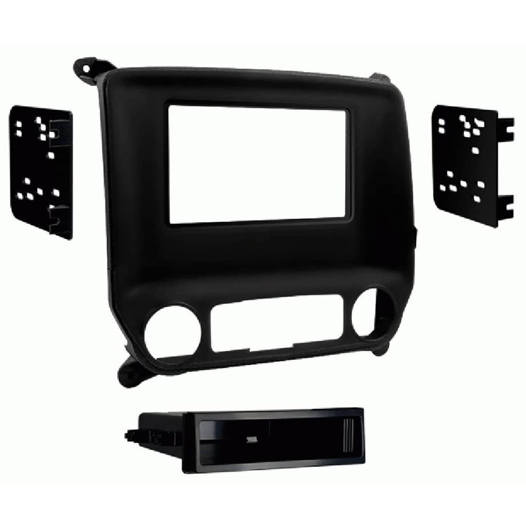 Black single double-DIN radio bezel with mounting tabs and integrated pocket