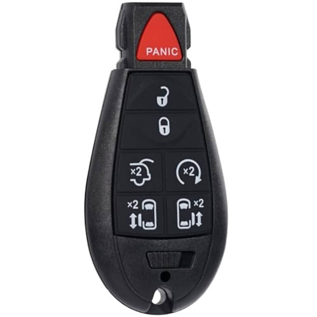 Black 7-button smart key fob with red PANIC button and multiple control icons