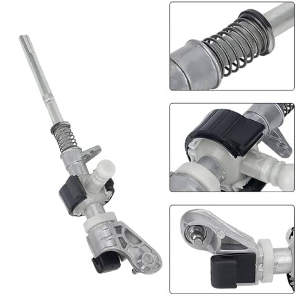 Gear shifter selector lever bushing assembly with metal spring, black cap, and white plastic insulator