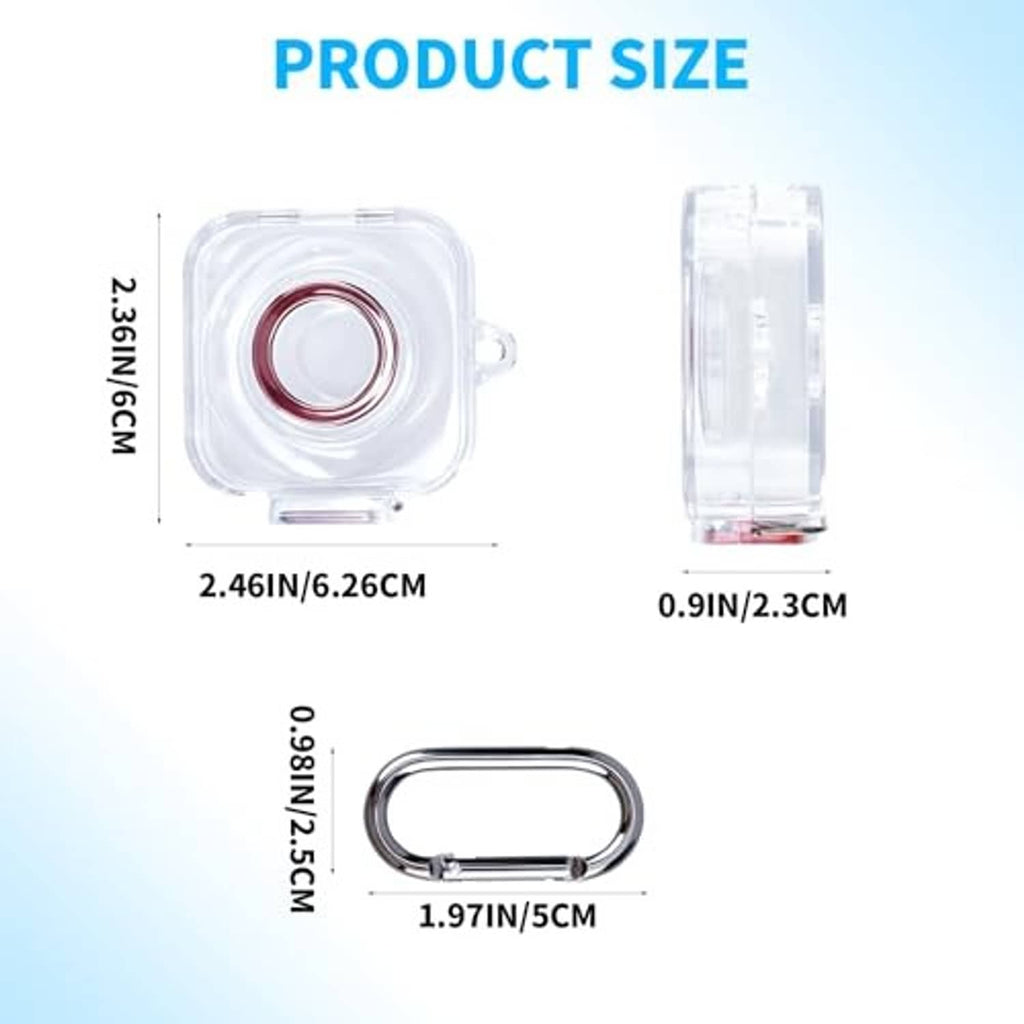 Clear compact charger case and side view with keychain carabiner; charging cup detail
