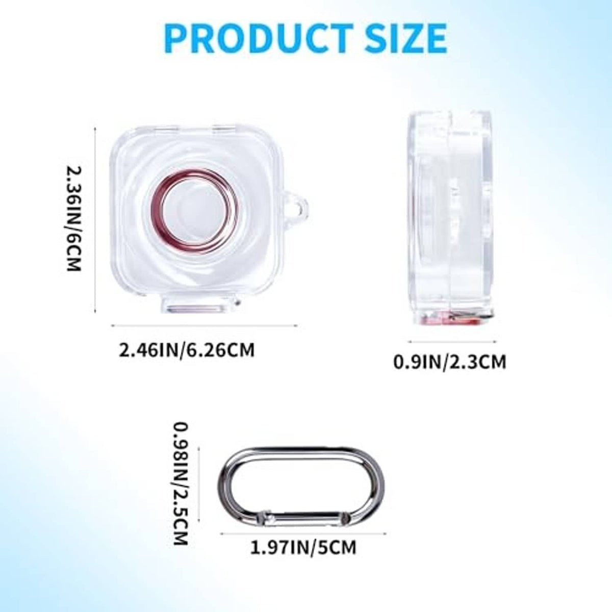 Clear compact charger case and side view with keychain carabiner; charging cup detail