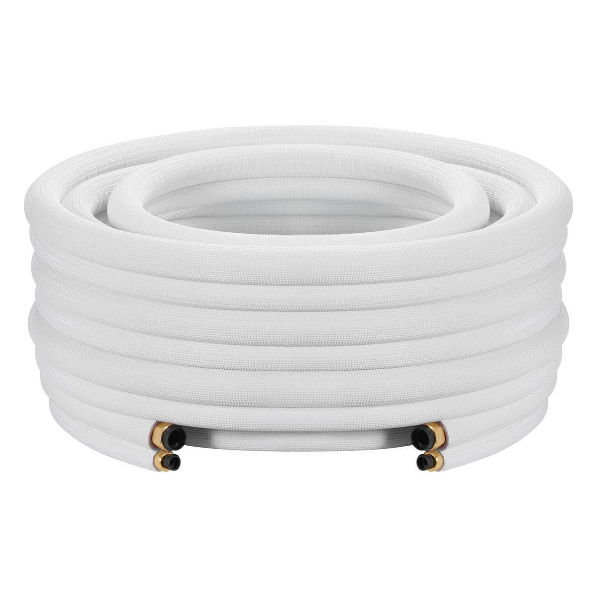 White insulated 100ft mini split line set coil with exposed copper ends and black ports