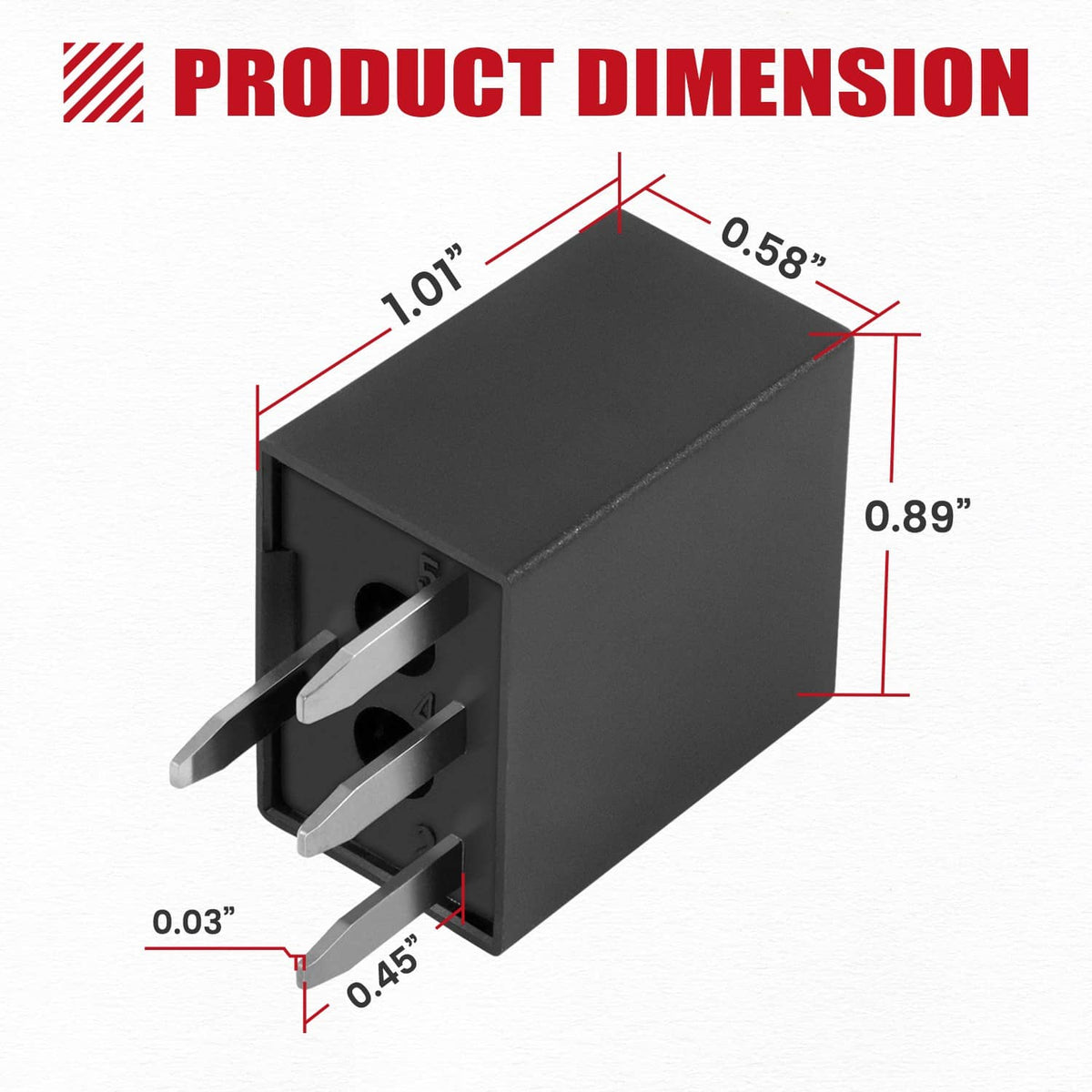 Black 4-pin headlight relay with mounting tabs and terminal blades, size outline