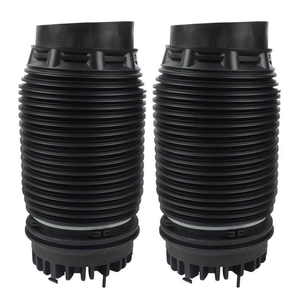 Two black air suspension spring bags with studded lower mounts and ribbed bellows