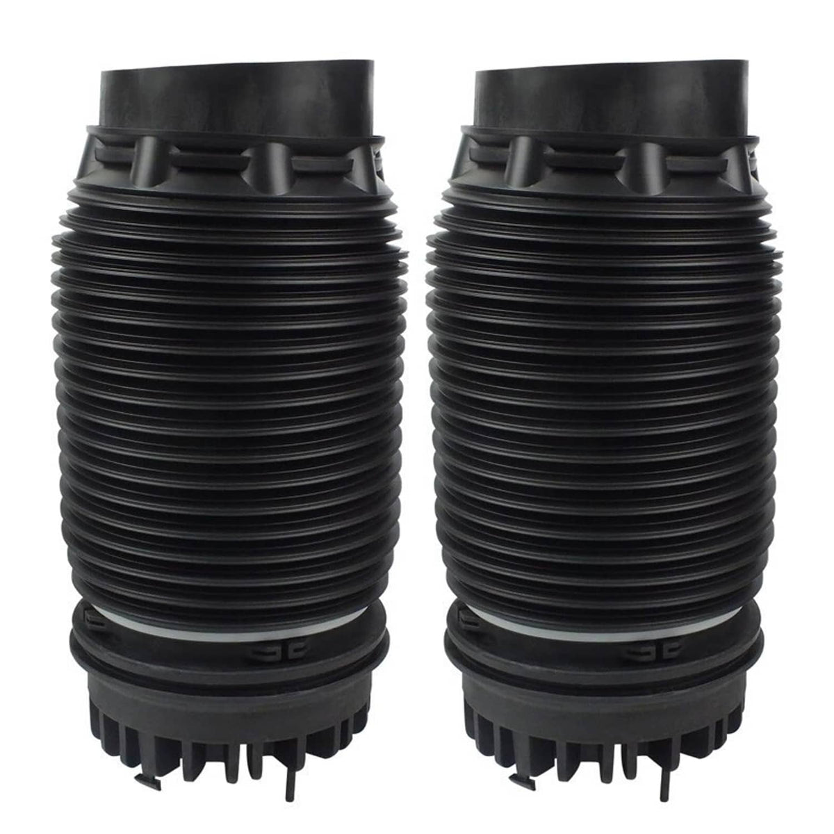 Two black air suspension spring bags with studded lower mounts and ribbed bellows