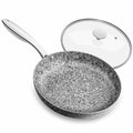 8-in gray granite nonstick frying pan with lid, speckled interior.