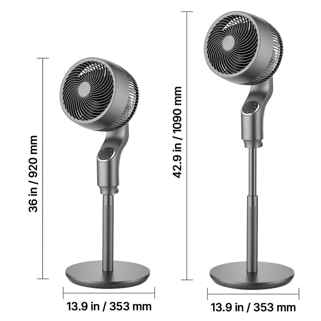 9-inch pedestal fan in silver and gray with round base and adjustable pole