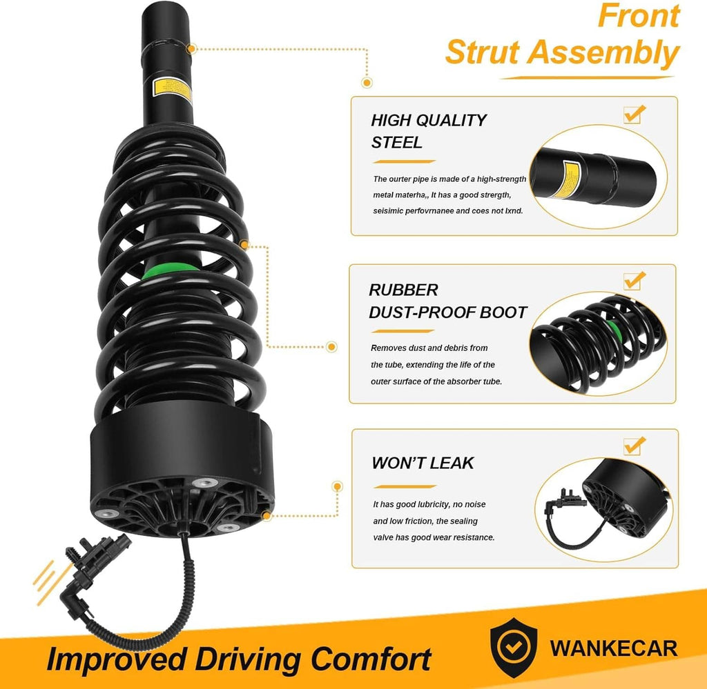 Front strut assembly with black coil spring, rubber dust boot, and sensor cable