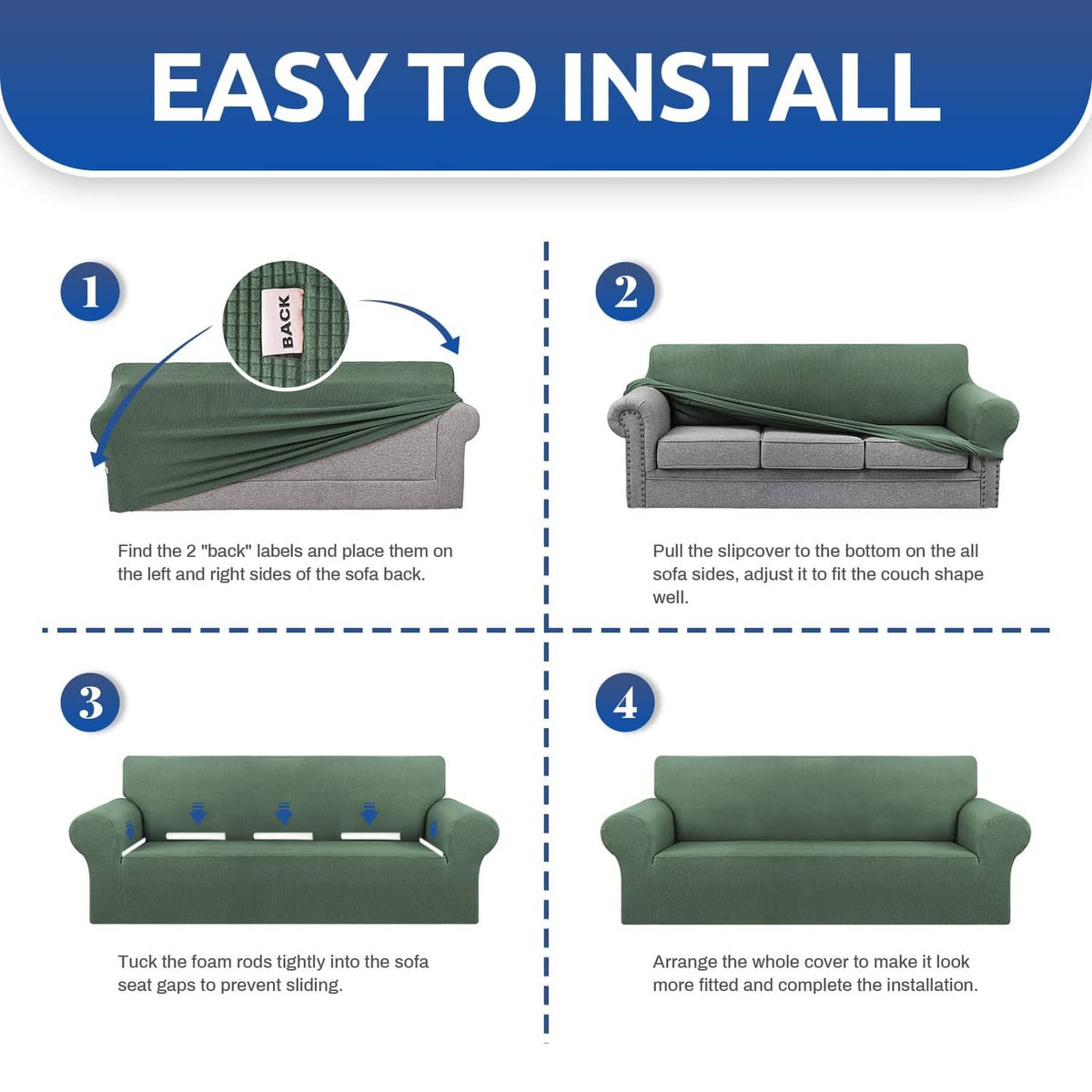 Greyish green stretch loveseat slipcover being pulled over the sofa for fit