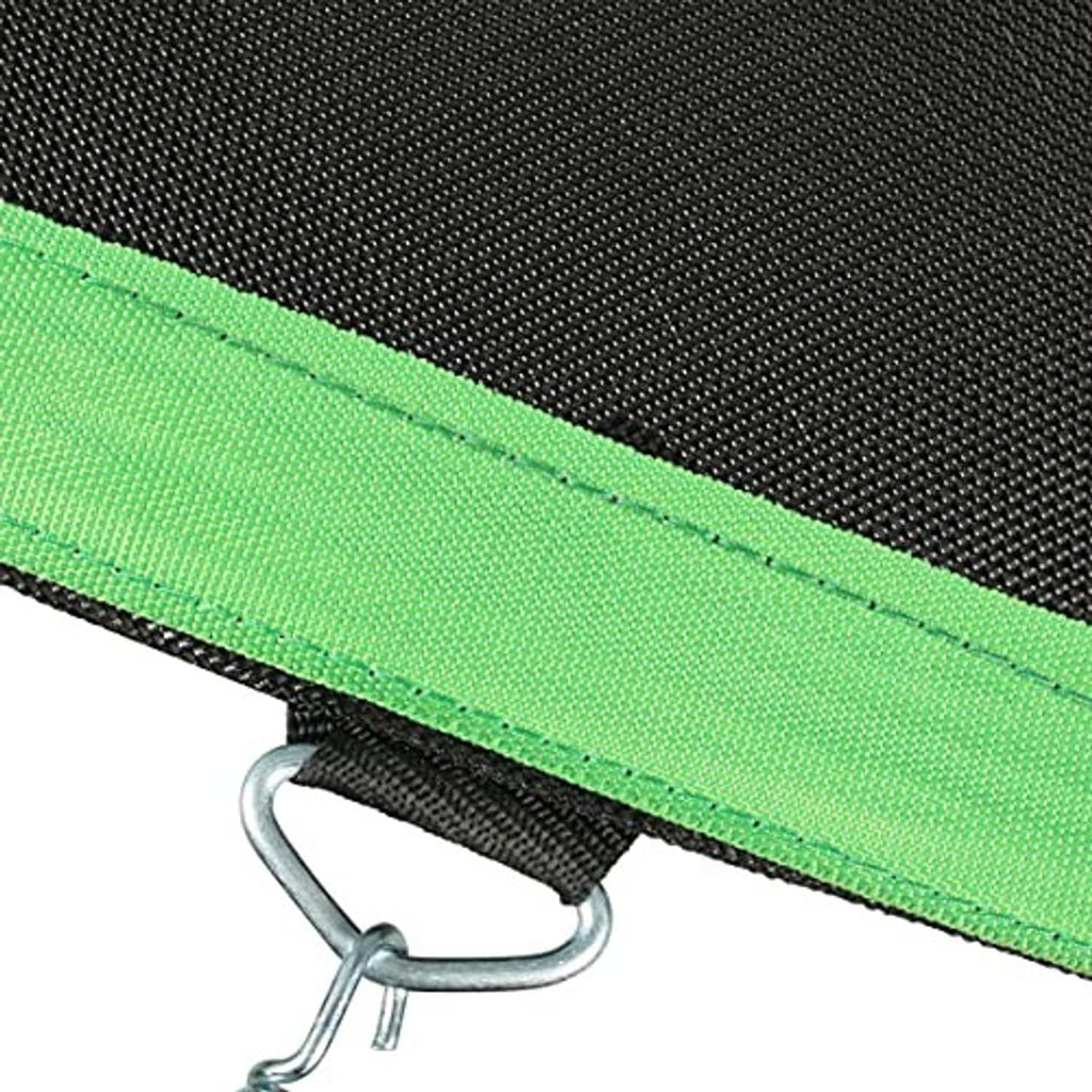 Trampoline mat edge close-up with neon green binding and black woven surface
