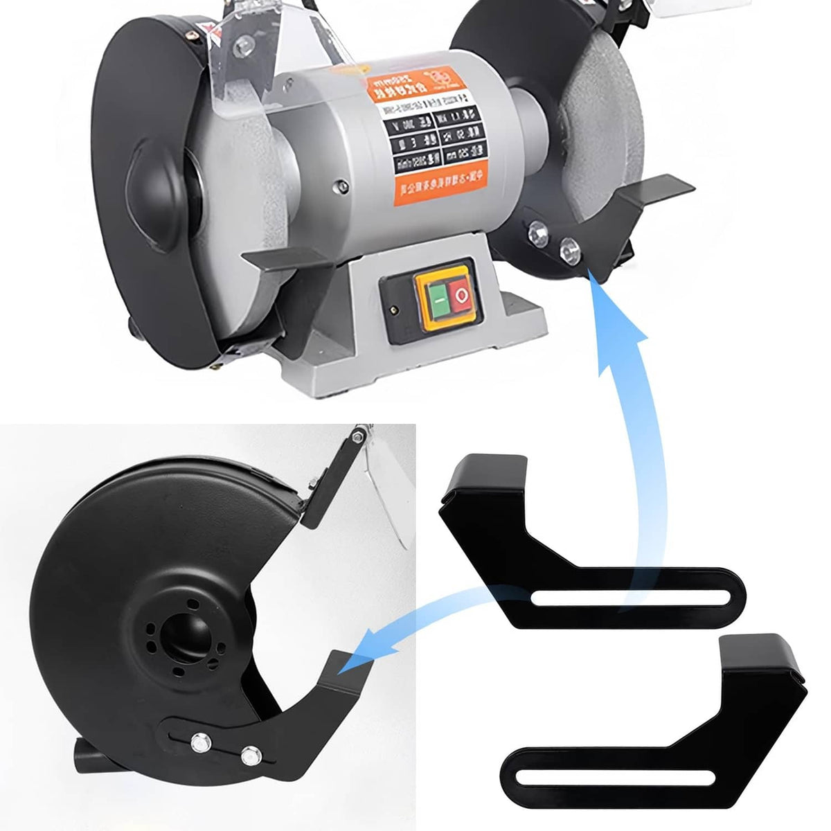 Black bench grinder tool rest set shown with bench grinder and guard