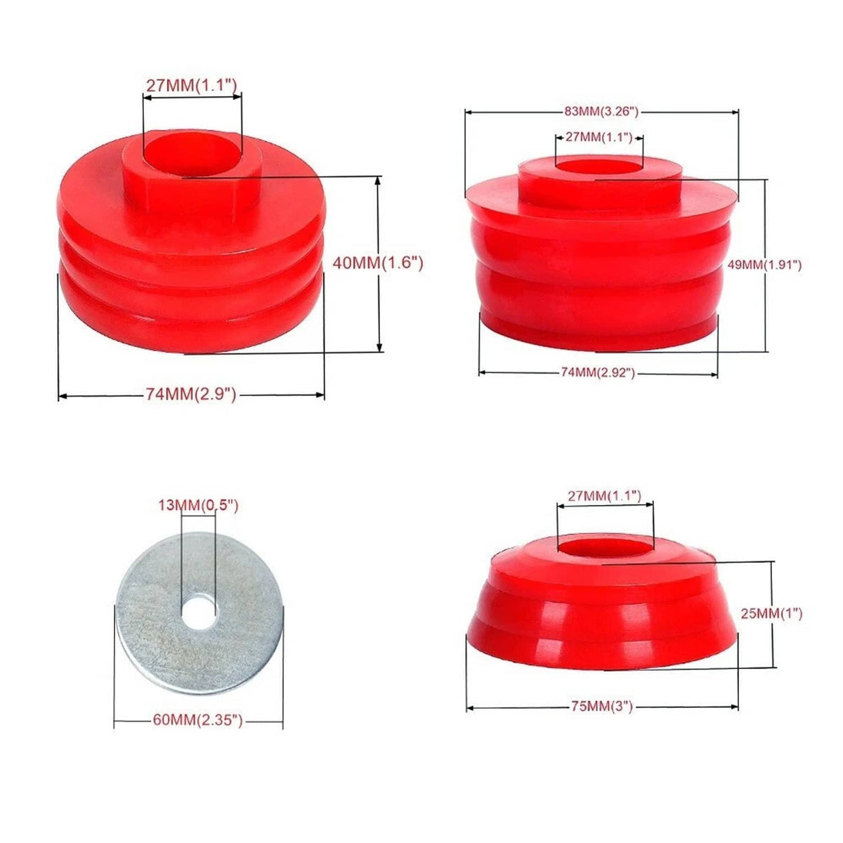 Red cab mount bushings set with gray washers, shown with size measurements.