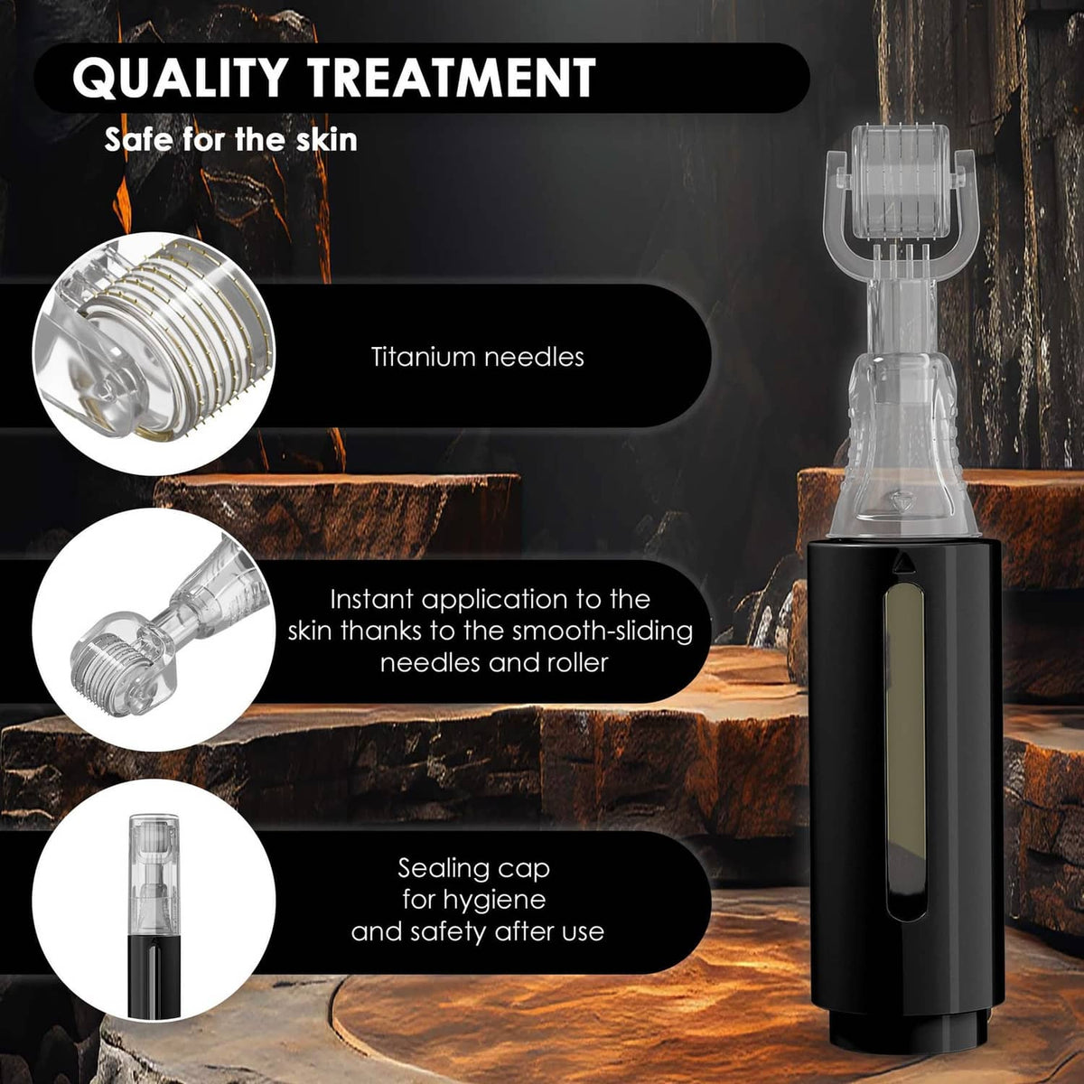 Derma roller head with titanium needle drum and sealing cap on black base