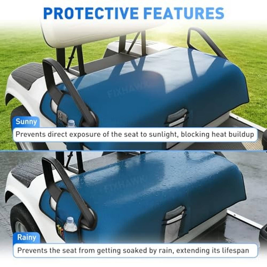 Blue golf cart seat blanket cover secured with straps for sun and rain protection