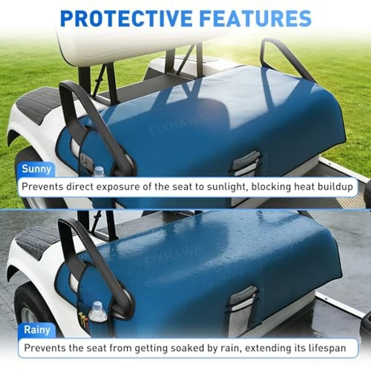 Blue golf cart seat blanket cover secured with straps for sun and rain protection