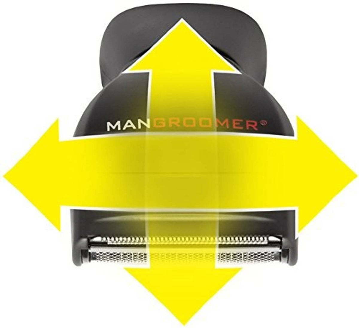 Back hair shaver replacement head with foil cutter and yellow arrows