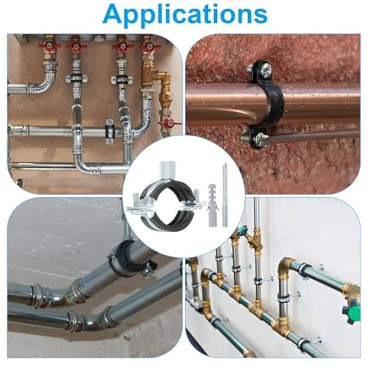 Black split ring pipe hanger clamp mounted on metal plumbing pipe, 1 unit