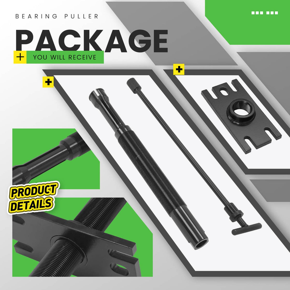 Bearing puller kit package with handle, threaded puller rods, and base plate pieces