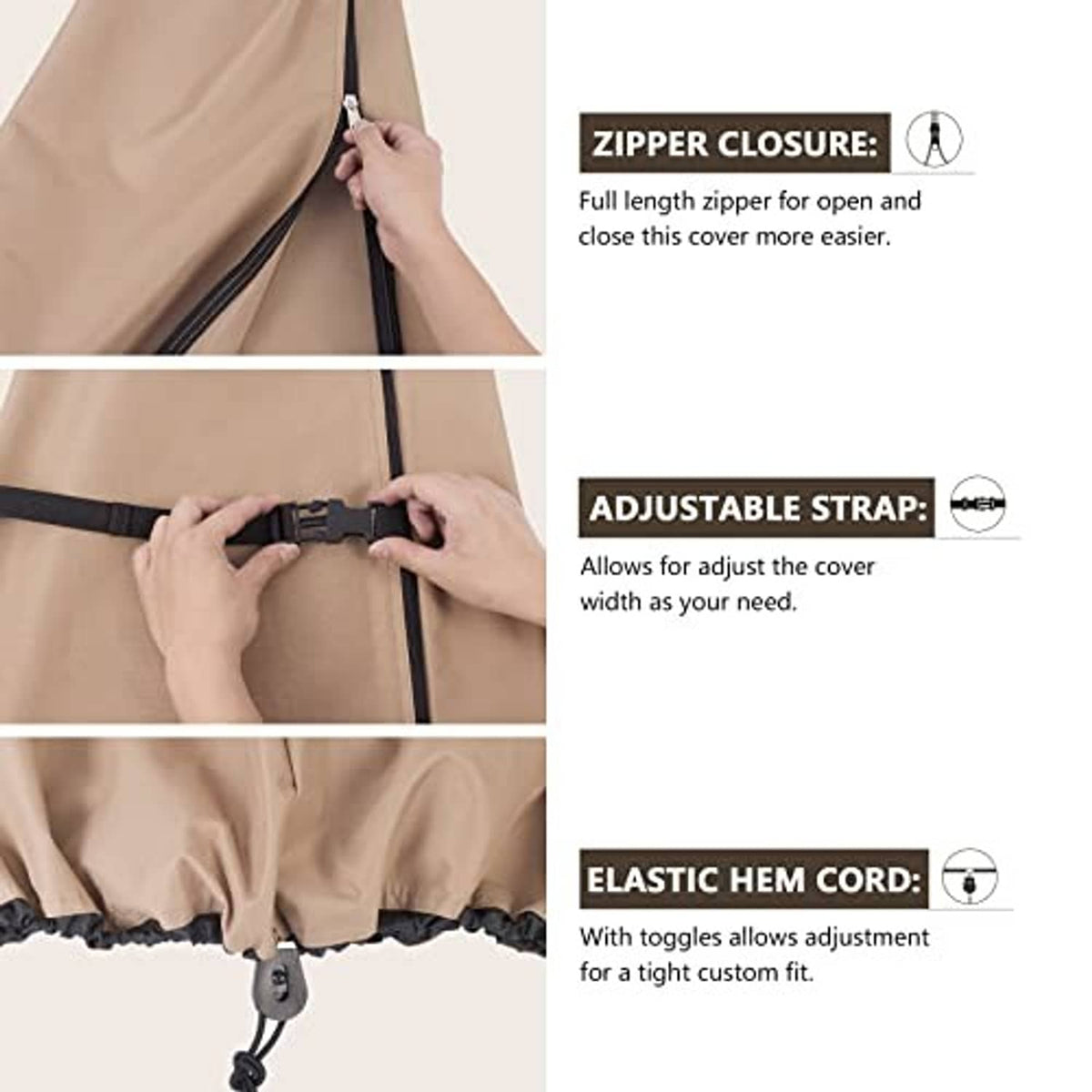 Patio umbrella cover with full-length zipper, adjustable strap, and elastic hem cord.