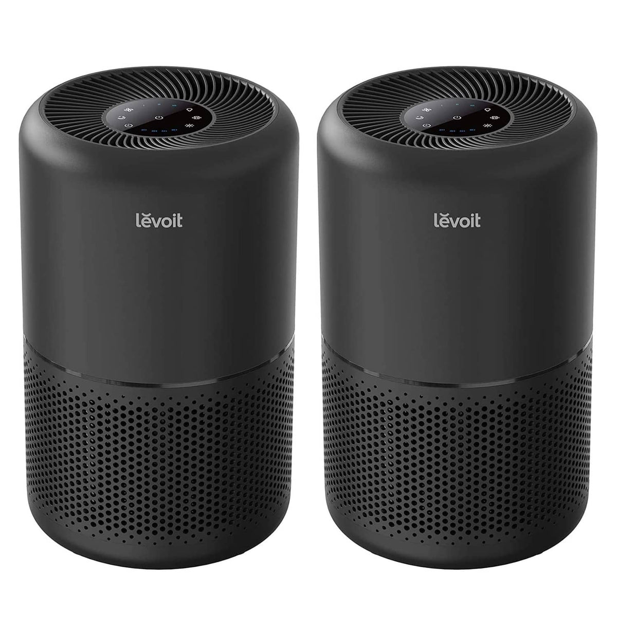 Set of two black air purifiers with circular top vents and mesh intake