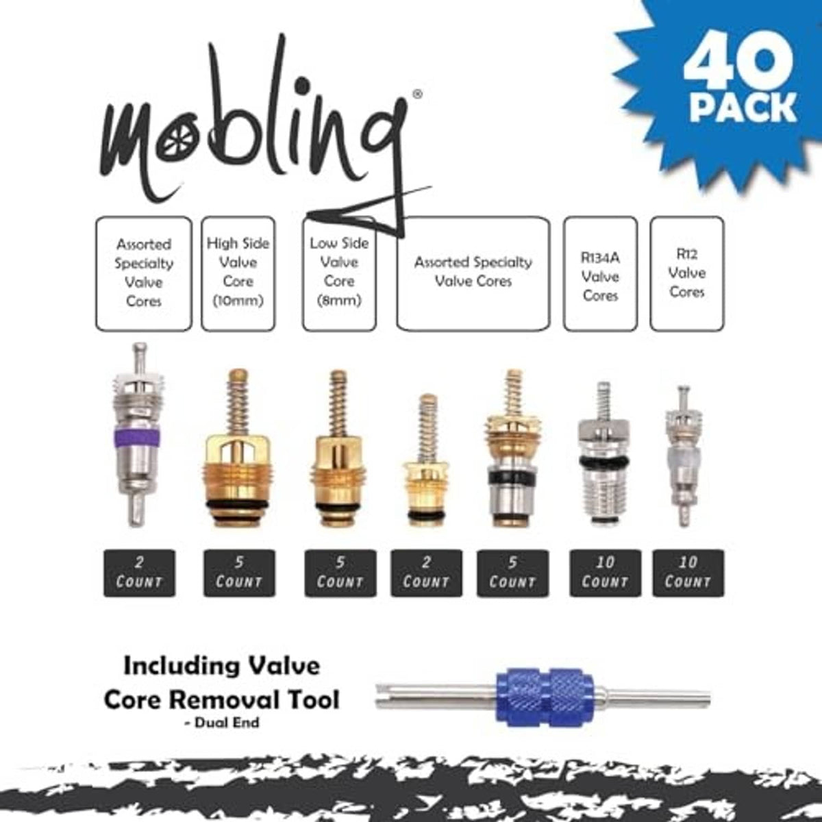 Mobling 40-pack A/C valve cores and caps kit shown on retail card