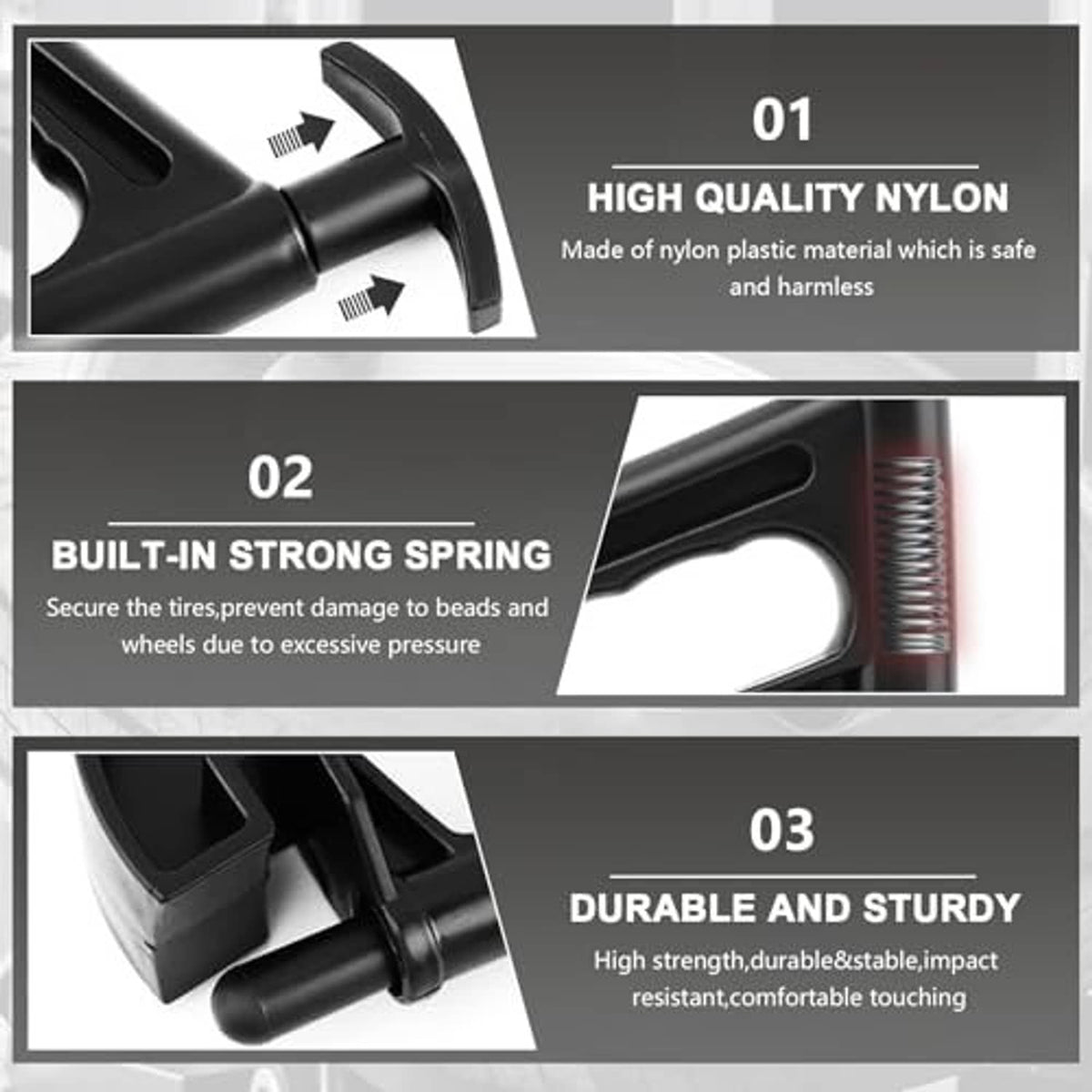 Black nylon tire changer clamps with spring-loaded lever and curved pry jaw