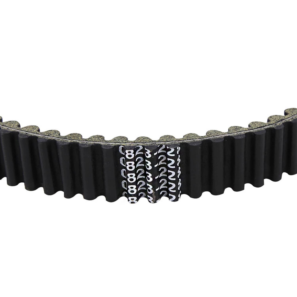 ATV drive belt close-up, black ribbed teeth with embossed part numbers