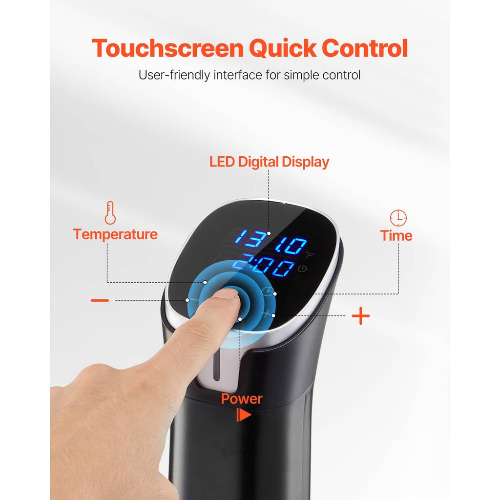 Sous vide precision cooker with touch control and blue LED digital temperature/time display